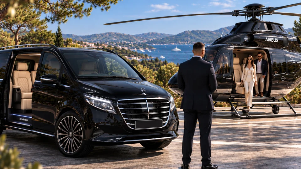 Accueil avec chauffeur près d’un hélicoptère privé et d’un van noir à l’intérieur beige, face au littoral méditerranéen